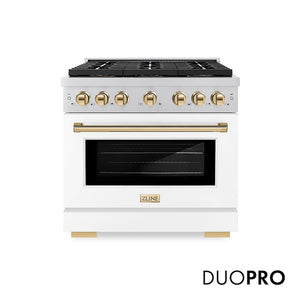 ZLINE Autograph Edition 36 in. 5.2 cu. ft. Paramount Dual Fuel Range with 6 Burner DuoPro™ Cooktop and Electric Convection Oven with White Matte Door and Polished Gold Accents (PSDRZ-WM-36-G) main image.