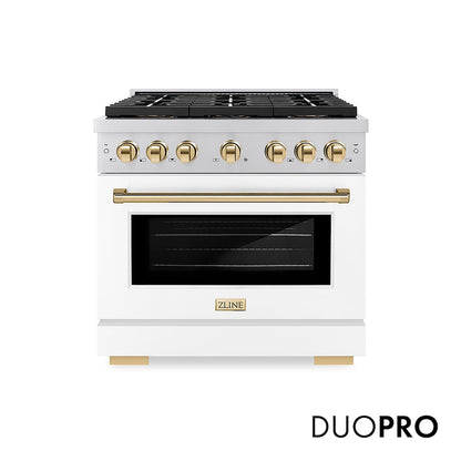 ZLINE Autograph Edition 36 in. 5.2 cu. ft. Paramount Dual Fuel Range with 6 Burner DuoPro™ Cooktop and Electric Convection Oven with White Matte Door and Polished Gold Accents (PSDRZ-WM-36-G) front.