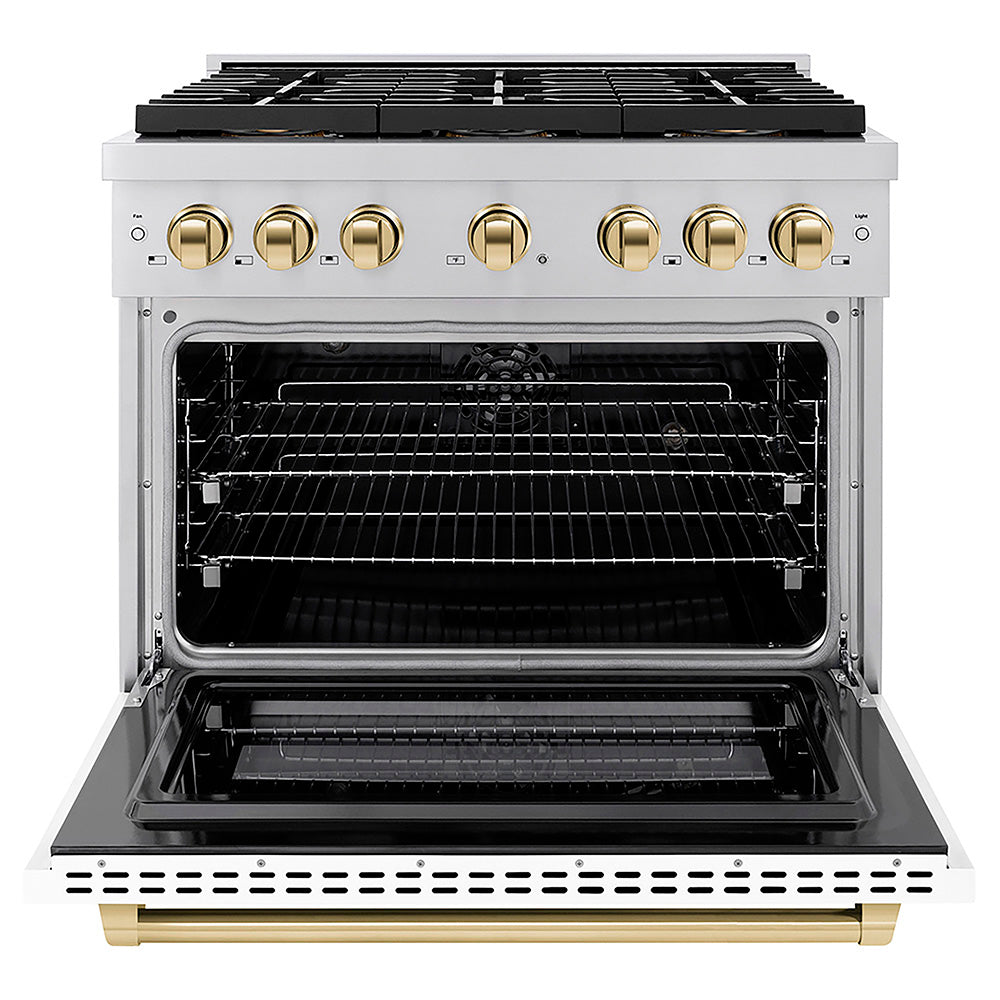 ZLINE Autograph Edition 36 in. 5.2 cu. ft. Paramount Dual Fuel Range with 6 Burner DuoPro™ Cooktop and Electric Convection Oven with White Matte Door and Polished Gold Accents, Open Box-Good Condition