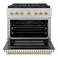ZLINE Autograph Edition 36 in. 5.2 cu. ft. Paramount Dual Fuel Range with 6 Burner DuoPro™ Cooktop and Electric Convection Oven with White Matte Door and Polished Gold Accents (PSDRZ-WM-36-G) front, oven open.