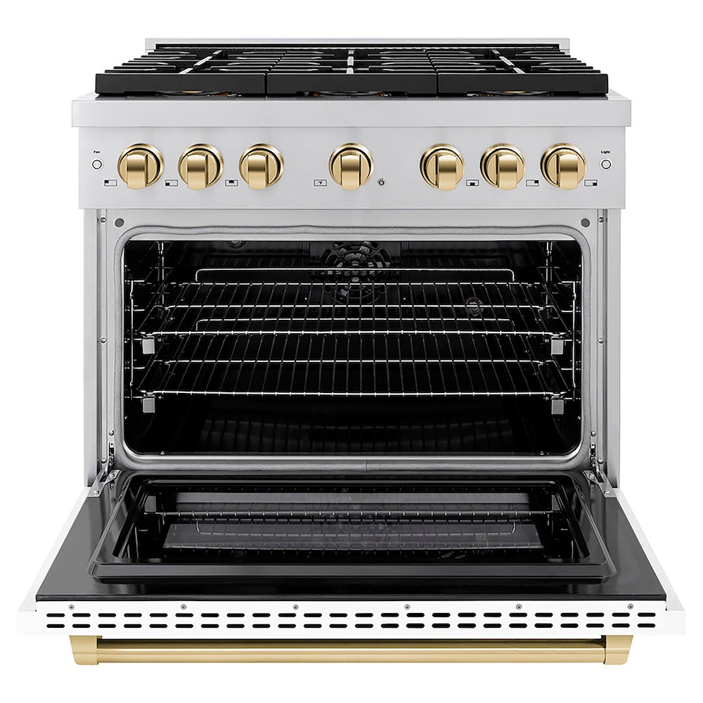 ZLINE Autograph Edition 36 in. 5.2 cu. ft. Paramount Dual Fuel Range with 6 Burner DuoPro™ Cooktop and Electric Convection Oven with White Matte Door and Polished Gold Accents (PSDRZ-WM-36-G) front, oven open.