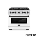 ZLINE Autograph Edition 36 in. 5.2 cu. ft. Paramount Dual Fuel Range with 6 Burner DuoPro™ Cooktop and Electric Convection Oven with White Matte Door and Matte Black Accents (PSDRZ-WM-36-MB) front, with DuoPro™ logo.
