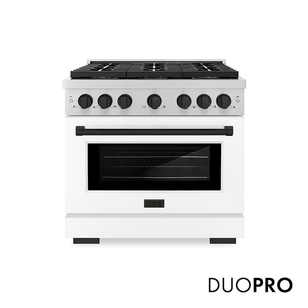 ZLINE Autograph Edition 36 in. 5.2 cu. ft. Paramount Dual Fuel Range with 6 Burner DuoPro™ Cooktop and Electric Convection Oven with White Matte Door and Matte Black Accents (PSDRZ-WM-36-MB) front, with DuoPro™ logo.