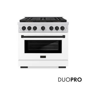 ZLINE Autograph Edition 36 in. 5.2 cu. ft. Paramount Dual Fuel Range with 6 Burner DuoPro™ Cooktop and Electric Convection Oven with White Matte Door and Matte Black Accents (PSDRZ-WM-36-MB) main image.