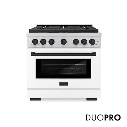 ZLINE Autograph Edition 36 in. 5.2 cu. ft. Paramount Dual Fuel Range with 6 Burner DuoPro™ Cooktop and Electric Convection Oven with White Matte Door and Matte Black Accents (PSDRZ-WM-36-MB) front, with DuoPro™ logo.