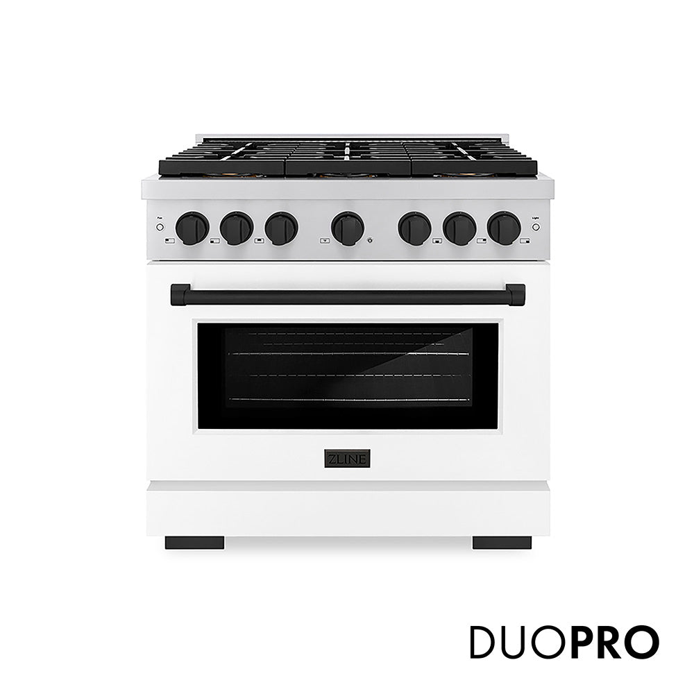 ZLINE Autograph Edition 36 in. 5.2 cu. ft. Paramount Dual Fuel Range with 6 Burner DuoPro™ Cooktop and Electric Convection Oven with White Matte Door and Matte Black Accents, Open Box-Good Condition