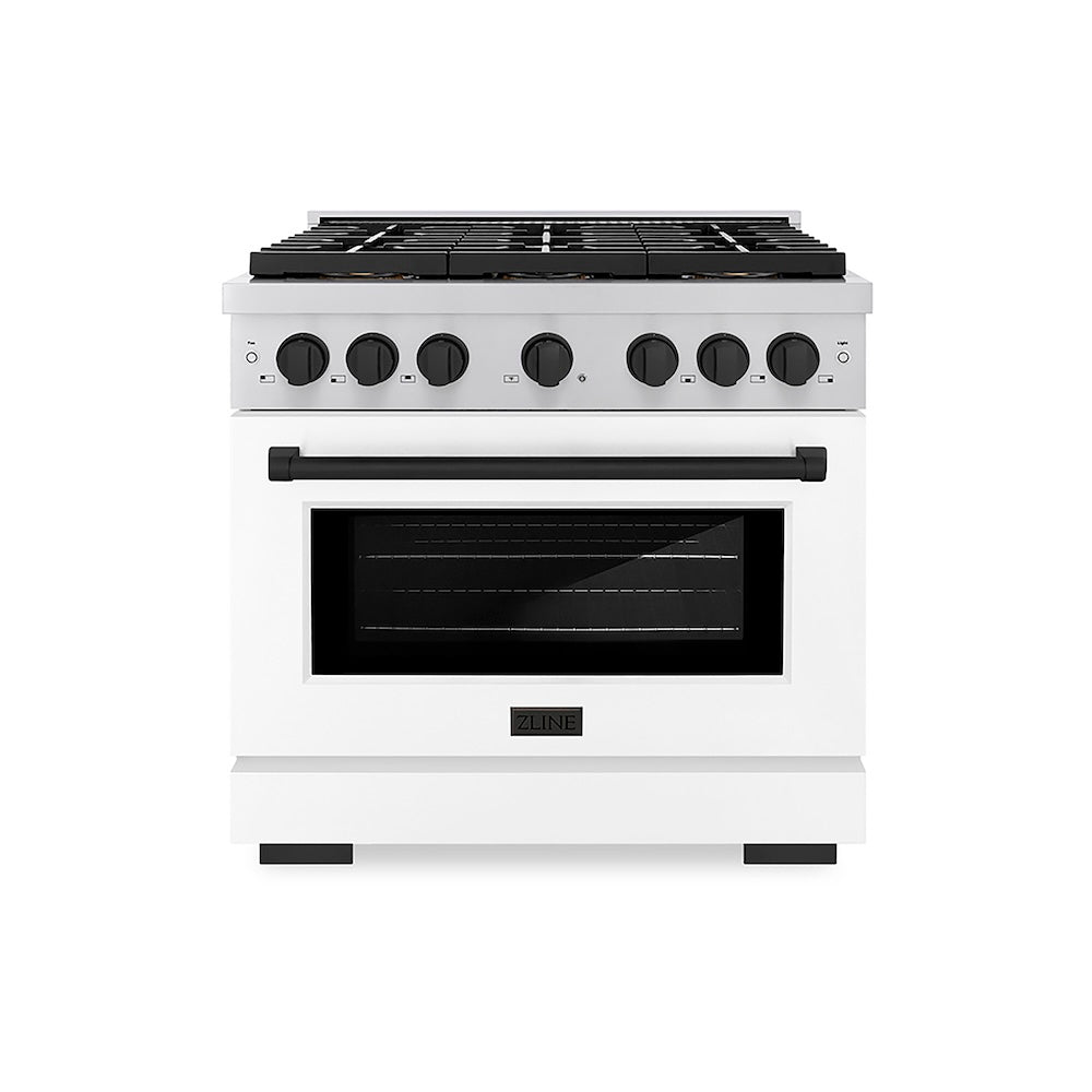 ZLINE Autograph Edition 36 in. 5.2 cu. ft. Paramount Dual Fuel Range with 6 Burner DuoPro™ Cooktop and Electric Convection Oven with White Matte Door and Matte Black Accents (PSDRZ-WM-36-MB) front.