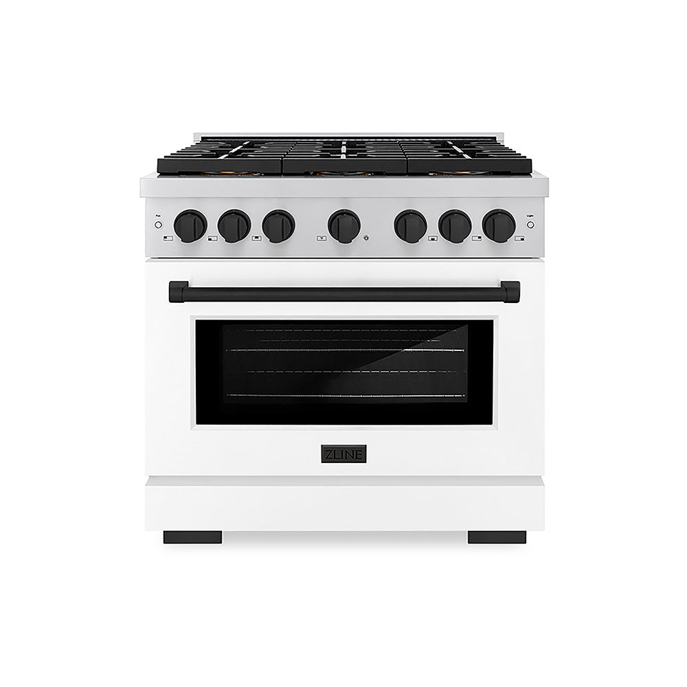 ZLINE Autograph Edition 36 in. 5.2 cu. ft. Paramount Dual Fuel Range with 6 Burner DuoPro™ Cooktop and Electric Convection Oven with White Matte Door and Matte Black Accents, Open Box-Good Condition