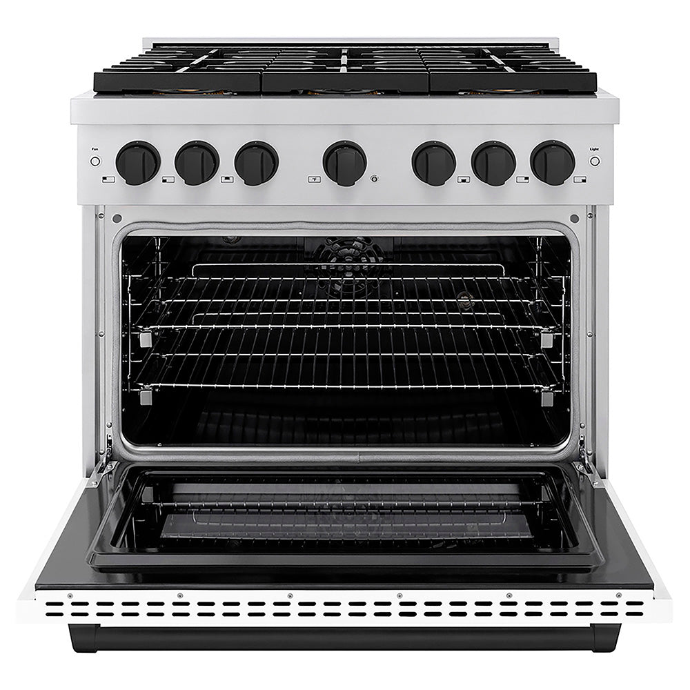 ZLINE Autograph Edition 36 in. 5.2 cu. ft. Paramount Dual Fuel Range with 6 Burner DuoPro™ Cooktop and Electric Convection Oven with White Matte Door and Matte Black Accents, Open Box-Good Condition