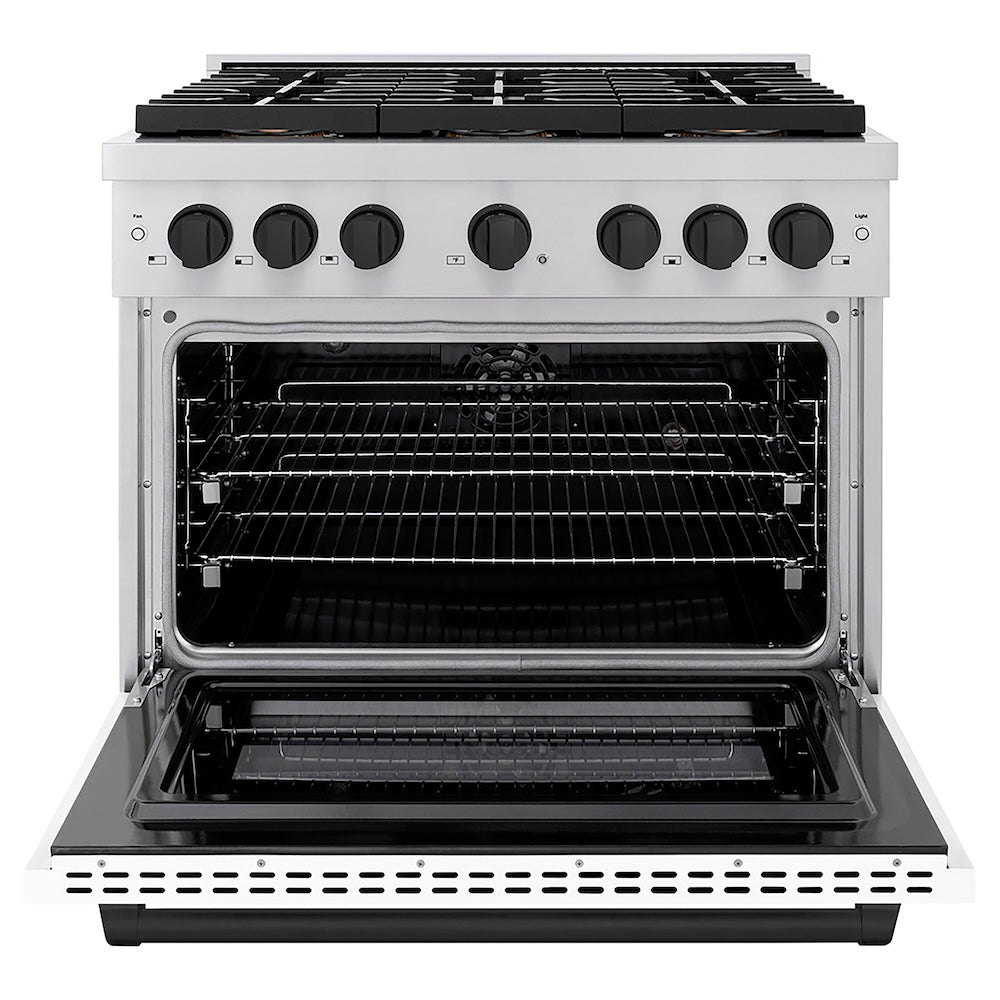 ZLINE Autograph Edition 36 in. 5.2 cu. ft. Paramount Dual Fuel Range with 6 Burner DuoPro™ Cooktop and Electric Convection Oven with White Matte Door and Matte Black Accents (PSDRZ-WM-36-MB) front, oven open.