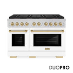 ZLINE Autograph Edition 48 in. 6.7 cu. ft. Paramount Dual Fuel Range with 8 Burner DuoPro™ Cooktop and Dual Ovens with White Matte Doors and Champagne Bronze Accents (PSDRZ-WM-48-CB) front, with DuoPro™ logo.