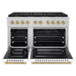 ZLINE Autograph Edition 48 in. 6.7 cu. ft. Paramount Dual Fuel Range with 8 Burner DuoPro™ Cooktop and Dual Ovens with White Matte Doors and Champagne Bronze Accents (PSDRZ-WM-48-CB) front, oven open.