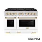 ZLINE Autograph Edition 48 in. 6.7 cu. ft. Paramount Dual Fuel Range with 8 Burner DuoPro™ Cooktop and Dual Ovens with White Matte Doors and Polished Gold Accents (PSDRZ-WM-48-G) front, with DuoPro™ logo.