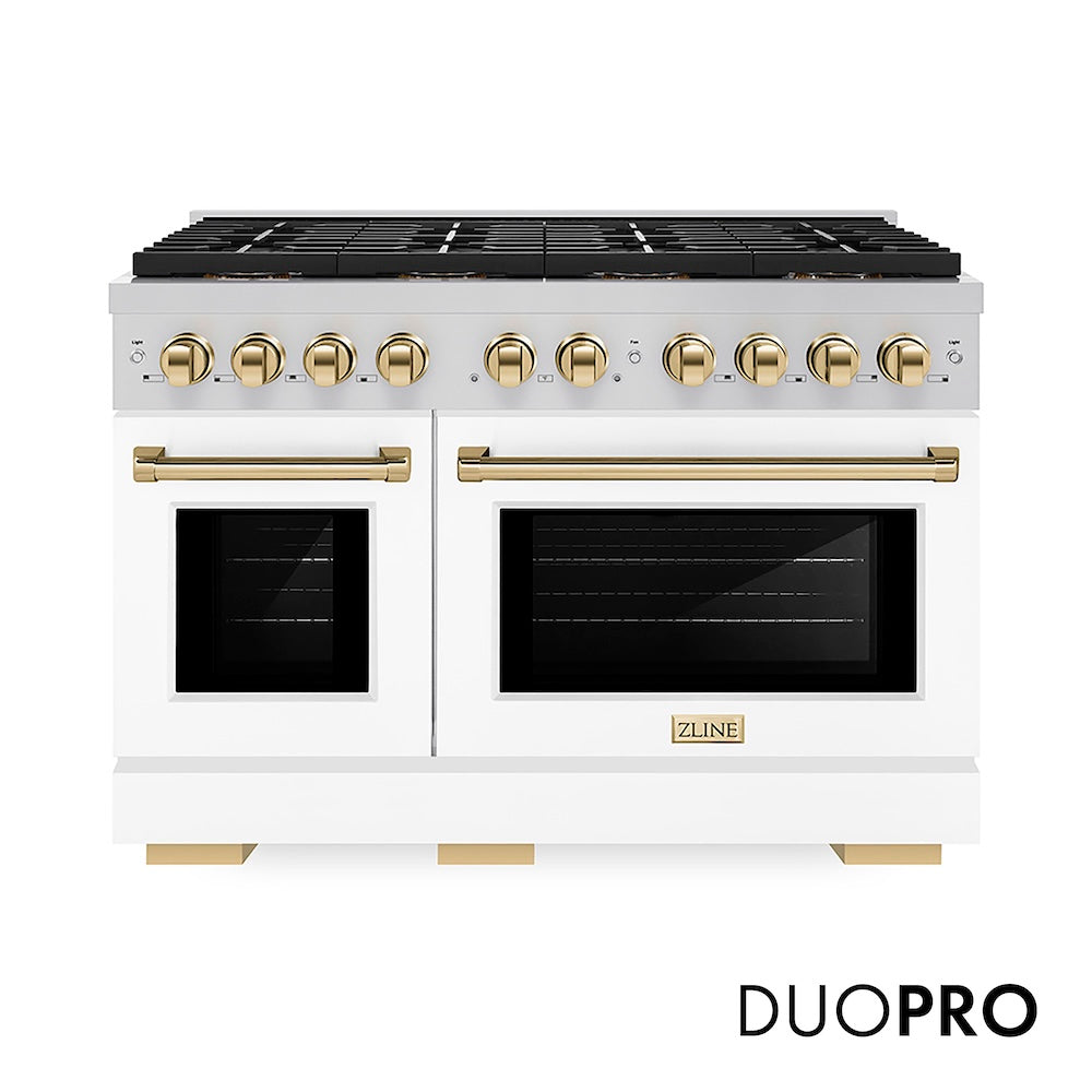 ZLINE Autograph Edition 48 in. 6.7 cu. ft. Paramount Dual Fuel Range with 8 Burner DuoPro™ Cooktop and Dual Ovens with White Matte Doors and Polished Gold Accents (PSDRZ-WM-48-G) front, with DuoPro™ logo.