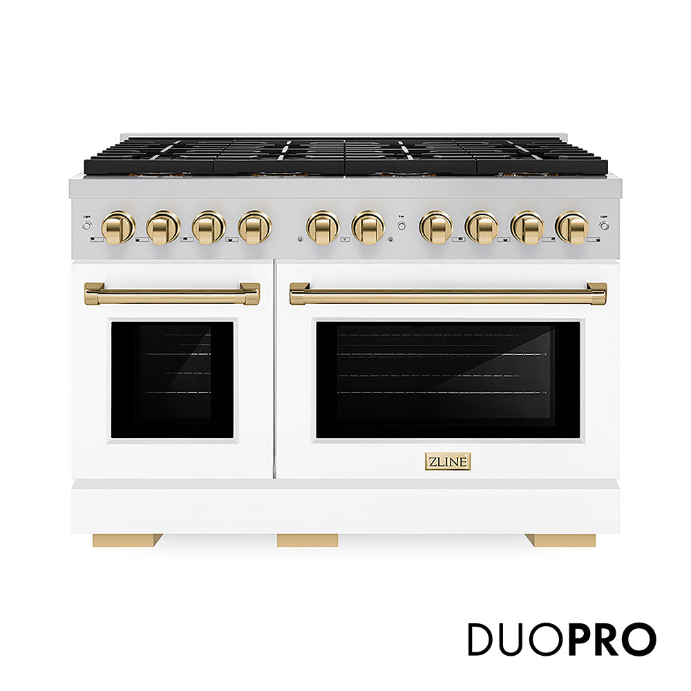 ZLINE Autograph Edition 48 in. 6.7 cu. ft. Paramount Dual Fuel Range with 8 Burner DuoPro™ Cooktop and Dual Ovens with White Matte Doors and Polished Gold Accents, Open Box-Good Condition