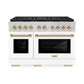 ZLINE Autograph Edition 48 in. 6.7 cu. ft. Paramount Dual Fuel Range with 8 Burner DuoPro™ Cooktop and Dual Ovens with White Matte Doors and Polished Gold Accents (PSDRZ-WM-48-G) front.