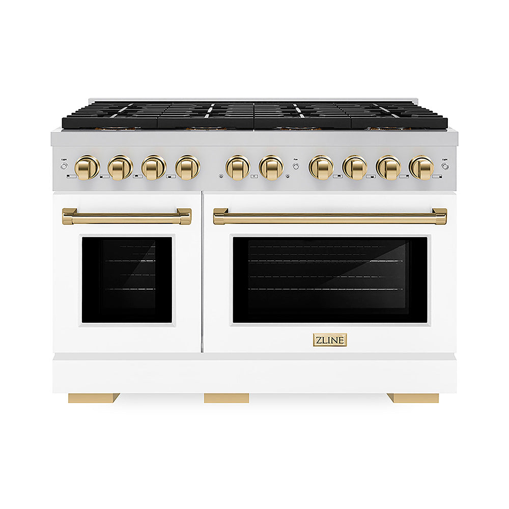 ZLINE Autograph Edition 48 in. 6.7 cu. ft. Paramount Dual Fuel Range with 8 Burner DuoPro™ Cooktop and Dual Ovens with White Matte Doors and Polished Gold Accents, Open Box-Good Condition