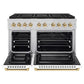 ZLINE Autograph Edition 48 in. 6.7 cu. ft. Paramount Dual Fuel Range with 8 Burner DuoPro™ Cooktop and Dual Ovens with White Matte Doors and Polished Gold Accents (PSDRZ-WM-48-G) front, oven open.