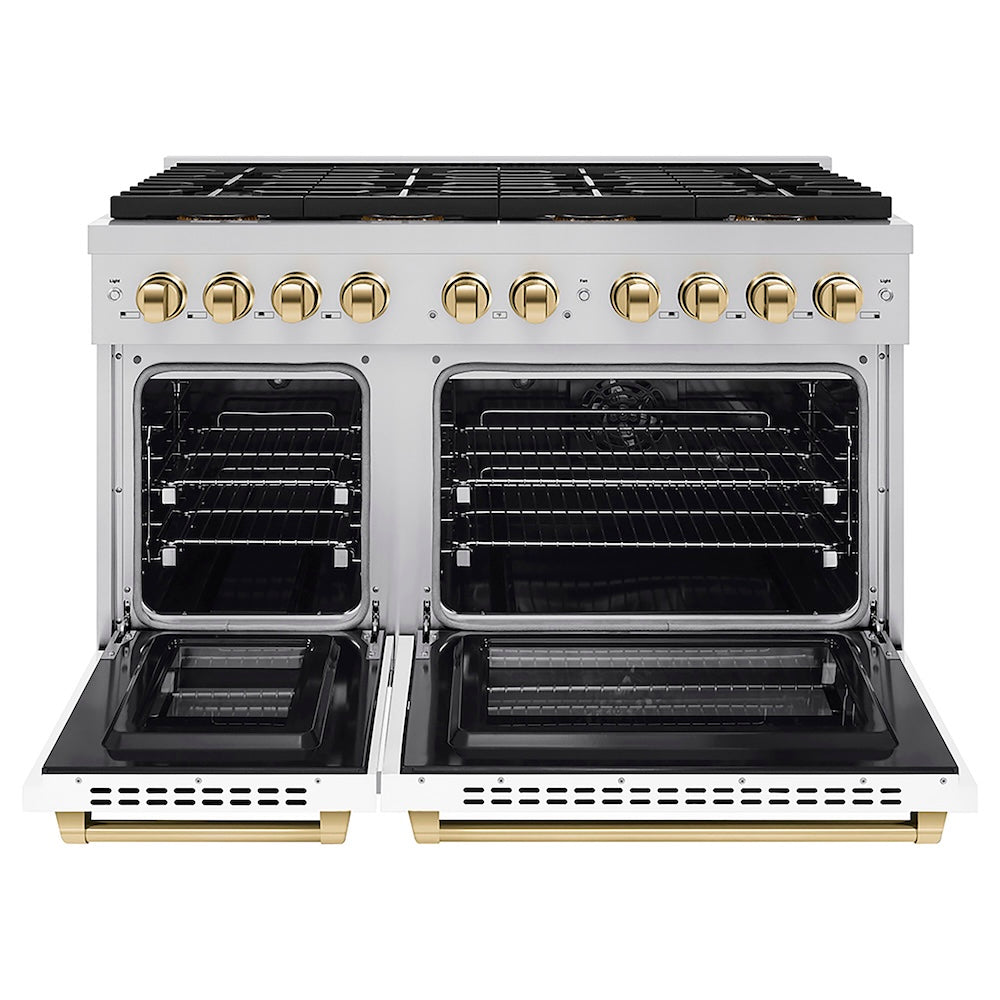 ZLINE Autograph Edition 48 in. 6.7 cu. ft. Paramount Dual Fuel Range with 8 Burner DuoPro™ Cooktop and Dual Ovens with White Matte Doors and Polished Gold Accents (PSDRZ-WM-48-G) front, oven open.