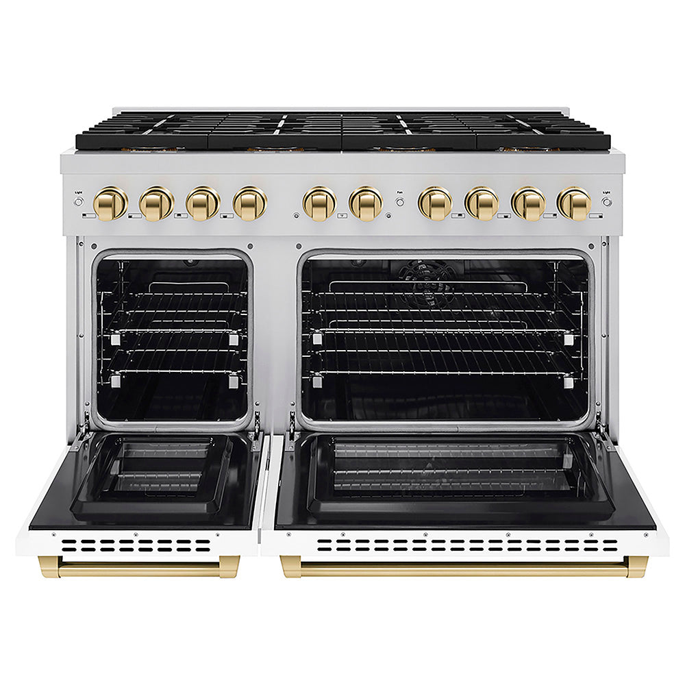 ZLINE Autograph Edition 48 in. 6.7 cu. ft. Paramount Dual Fuel Range with 8 Burner DuoPro™ Cooktop and Dual Ovens with White Matte Doors and Polished Gold Accents, Open Box-Good Condition