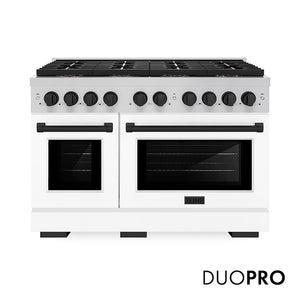 ZLINE Autograph Edition 48 in. 6.7 cu. ft. Paramount Dual Fuel Range with 8 Burner DuoPro™ Cooktop and Dual Ovens with White Matte Doors and Matte Black Accents (PSDRZ-WM-48-MB) main image.