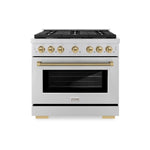 ZLINE Autograph Edition 36 in. 5.2 cu. ft. Paramount Dual Fuel Range with 6 Burner Gas Cooktop and Electric Convection Oven in Stainless Steel with Champagne Bronze Helix Handle and Knob Accents (SDRZ-36-KCB)