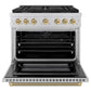 ZLINE Autograph Edition 36 in. 5.2 cu. ft. Paramount Dual Fuel Range with 6 Burner Gas Cooktop and Electric Convection Oven in Stainless Steel with Champagne Bronze Helix Handle and Knob Accents (SDRZ-36-KCB) front, open.