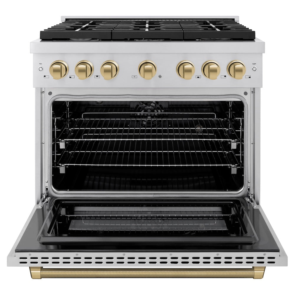 ZLINE Autograph Edition 36 in. 5.2 cu. ft. Paramount Dual Fuel Range with 6 Burner Gas Cooktop and Electric Convection Oven in Stainless Steel with Champagne Bronze Helix Handle and Knob Accents (SDRZ-36-KCB) front, open.