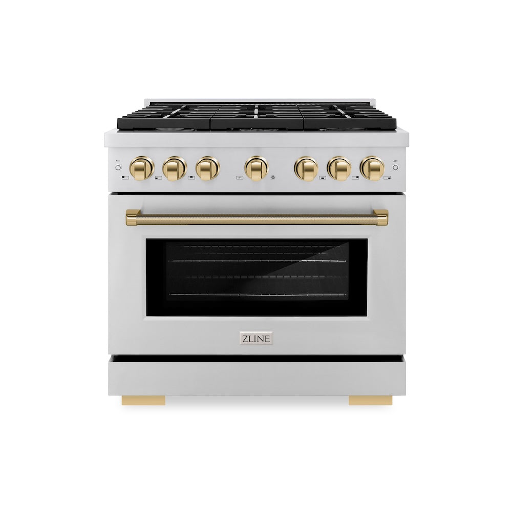 ZLINE Autograph Edition 36 in. 5.2 cu. ft. Paramount Dual Fuel Range with 6 Burner Gas Cooktop and Electric Convection Oven in Stainless Steel with Polished Gold Helix Handle and Knob Accents (SDRZ-36-KG) main image.