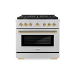 ZLINE Autograph Edition 36 in. 5.2 cu. ft. Paramount Dual Fuel Range with 6 Burner Gas Cooktop and Electric Convection Oven in Stainless Steel with Polished Gold Helix Handle and Knob Accents (SDRZ-36-KG)