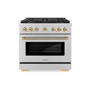 ZLINE Autograph Edition 36 in. 5.2 cu. ft. Paramount Dual Fuel Range with 6 Burner Gas Cooktop and Electric Convection Oven in Stainless Steel with Polished Gold Helix Handle and Knob Accents (SDRZ-36-KG) main image.