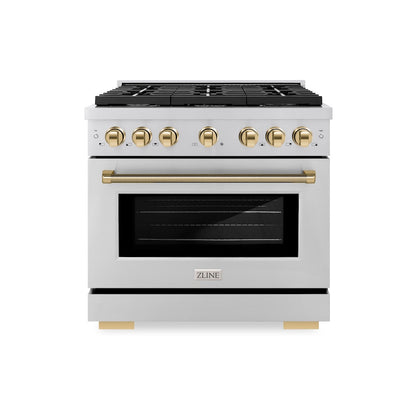 ZLINE Autograph Edition 36 in. 5.2 cu. ft. Paramount Dual Fuel Range with 6 Burner Gas Cooktop and Electric Convection Oven in Stainless Steel with Polished Gold Helix Handle and Knob Accents (SDRZ-36-KG)