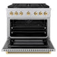 ZLINE Autograph Edition 36 in. 5.2 cu. ft. Paramount Dual Fuel Range with 6 Burner Gas Cooktop and Electric Convection Oven in Stainless Steel with Polished Gold Helix Handle and Knob Accents (SDRZ-36-KG) front, open.