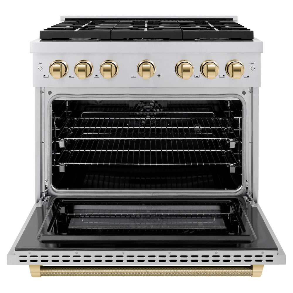 ZLINE Autograph Edition 36 in. 5.2 cu. ft. Paramount Dual Fuel Range with 6 Burner Gas Cooktop and Electric Convection Oven in Stainless Steel with Polished Gold Helix Handle and Knob Accents (SDRZ-36-KG) front, open.