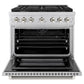 ZLINE Autograph Edition 36 in. 5.2 cu. ft. Paramount Dual Fuel Range with 6 Burner Gas Cooktop and Electric Convection Oven in Stainless Steel with Polished Nickel Helix Handle and Knob Accents (SDRZ-36-KPN) front, open.