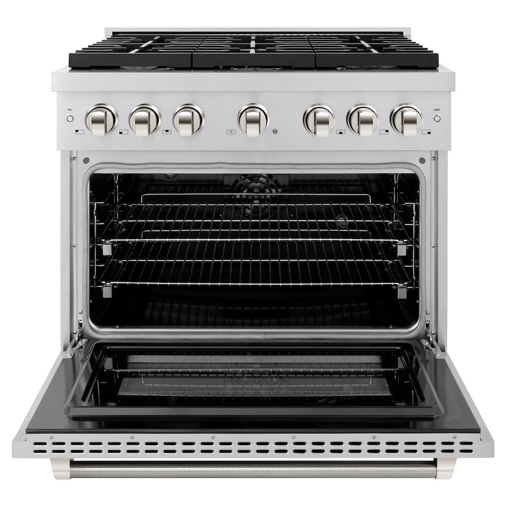 ZLINE Autograph Edition 36 in. 5.2 cu. ft. Paramount Dual Fuel Range with 6 Burner Gas Cooktop and Electric Convection Oven in Stainless Steel with Polished Nickel Helix Handle and Knob Accents (SDRZ-36-KPN) front, open.