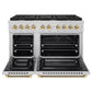 ZLINE Autograph Edition 48 in. 6.7 cu. ft. Paramount Double Oven Dual Fuel Range with 8 Burner Gas Cooktop in Stainless Steel and Polished Gold Helix Handles and Knob Accents (SDRZ-48-KG) front, open.