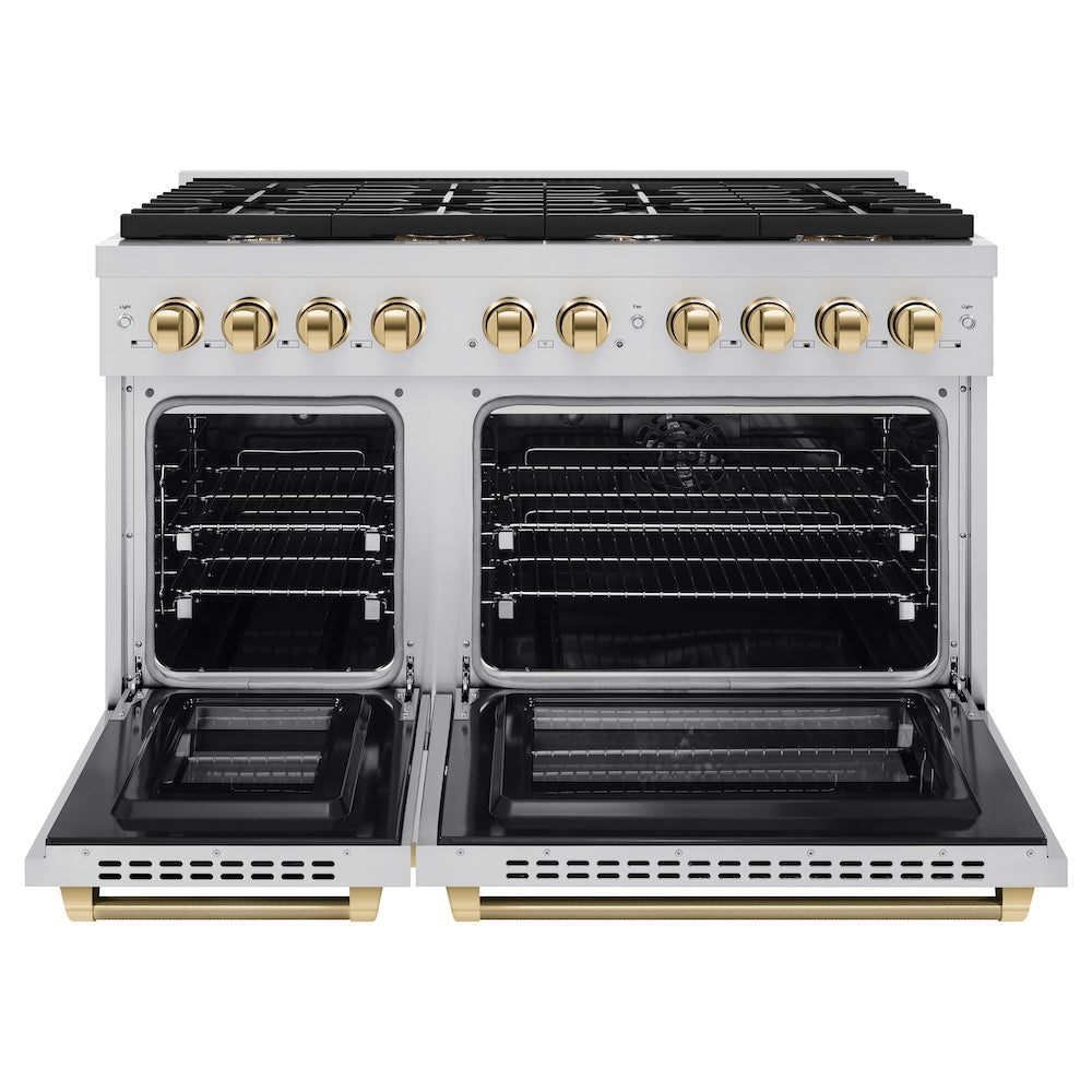 ZLINE Autograph Edition 48 in. 6.7 cu. ft. Paramount Double Oven Dual Fuel Range with 8 Burner Gas Cooktop in Stainless Steel and Polished Gold Helix Handles and Knob Accents (SDRZ-48-KG) front, open.