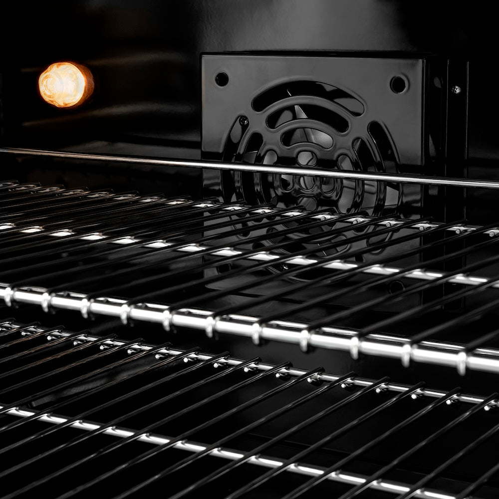 ZLINE Autograph Edition 48 in. 6.7 cu. ft. Paramount Double Oven Dual Fuel Range with 8 Burner Gas Cooktop in Stainless Steel and Polished Nickel Helix Handles and Knob Accents (SDRZ-48-KPN) convection fan and lighting inside oven.