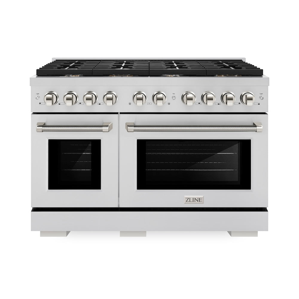 ZLINE Autograph Edition 48 in. 6.7 cu. ft. Paramount Double Oven Dual Fuel Range with 8 Burner Gas Cooktop in Stainless Steel and Polished Nickel Helix Handles and Knob Accents (SDRZ-48-KPN)