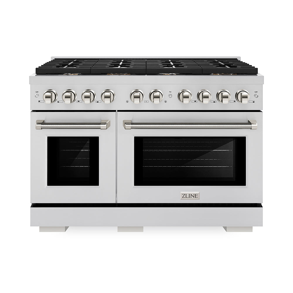 ZLINE Autograph Edition 48 in. 6.7 cu. ft. Paramount Double Oven Dual Fuel Range with 8 Burner Gas Cooktop in Stainless Steel and Polished Nickel Helix Handles and Knob Accents, Open Box-Great Condition main image.