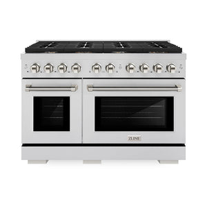 ZLINE Autograph Edition 48 in. 6.7 cu. ft. Paramount Double Oven Dual Fuel Range with 8 Burner Gas Cooktop in Stainless Steel and Polished Nickel Helix Handles and Knob Accents, Open Box-Great Condition main image.