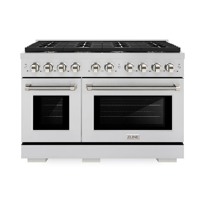 ZLINE Autograph Edition 48 in. 6.7 cu. ft. Paramount Double Oven Dual Fuel Range with 8 Burner Gas Cooktop in Stainless Steel and Polished Nickel Helix Handles and Knob Accents, Open Box-Great Condition