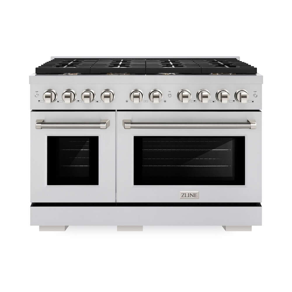 ZLINE Autograph Edition 48 in. 6.7 cu. ft. Paramount Double Oven Dual Fuel Range with 8 Burner Gas Cooktop in Stainless Steel and Polished Nickel Helix Handles and Knob Accents, Open Box-Good Condition