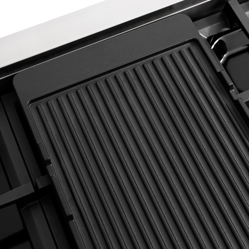 ZLINE Autograph Edition 48 in. 6.7 cu. ft. Paramount Double Oven Dual Fuel Range with 8 Burner Gas Cooktop in Stainless Steel and Polished Nickel Helix Handles and Knob Accents (SDRZ-48-KPN) reversible griddle ribbed side.