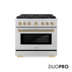 ZLINE Autograph Edition 36 in. 5.2 cu. ft. Paramount Dual Fuel Range with 6 Burner DuoPro™ Cooktop and Electric Convection Oven in Stainless Steel with Champagne Bronze Helix Handle and Accents (PSDRZ-36-KCB) front, with DuoPro™ logo.