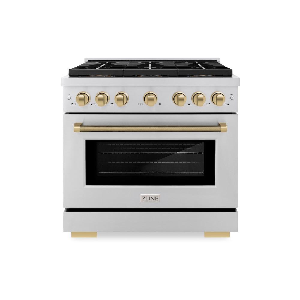 ZLINE Autograph Edition 36 in. 5.2 cu. ft. Paramount Dual Fuel Range with 6 Burner DuoPro™ Cooktop and Electric Convection Oven in Stainless Steel with Champagne Bronze Helix Handle and Accents (PSDRZ-36-KCB) front.