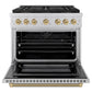 ZLINE Autograph Edition 36 in. 5.2 cu. ft. Paramount Dual Fuel Range with 6 Burner DuoPro™ Cooktop and Electric Convection Oven in Stainless Steel with Champagne Bronze Helix Handle and Accents (PSDRZ-36-KCB) front, oven open.