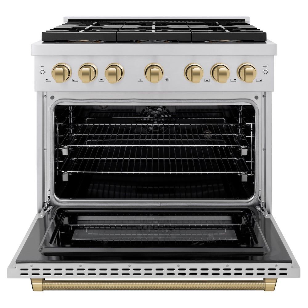 ZLINE Autograph Edition 36 in. 5.2 cu. ft. Paramount Dual Fuel Range with 6 Burner DuoPro™ Cooktop and Electric Convection Oven in Stainless Steel with Champagne Bronze Helix Handle and Accents (PSDRZ-36-KCB) front, oven open.