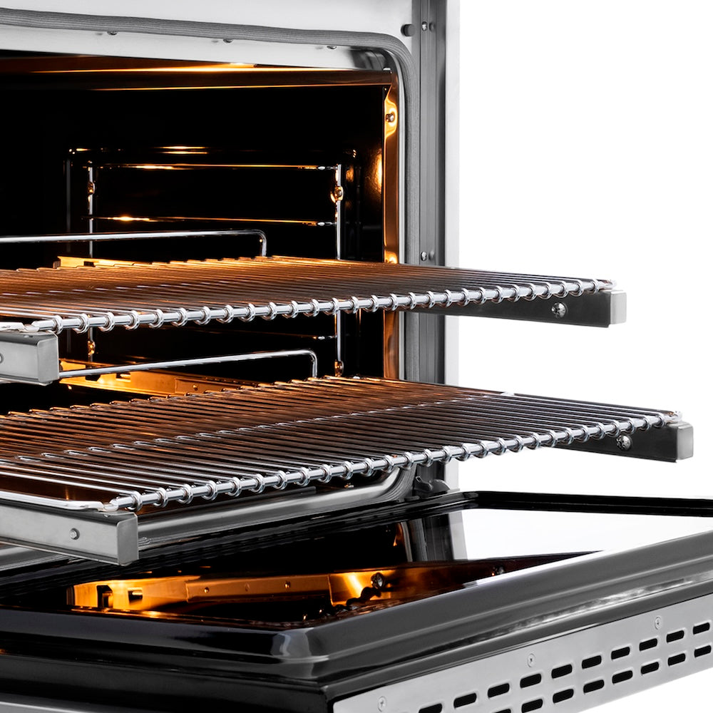 ZLINE Autograph Edition 36 in. 5.2 cu. ft. Paramount Dual Fuel Range with 6 Burner DuoPro™ Cooktop and Electric Convection Oven in Stainless Steel with Champagne Bronze Helix Handle and Accents (PSDRZ-36-KCB) side, oven open showing racks extended.